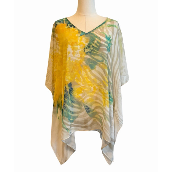 Chico's Blouse Womens Size S/M Chiffon Top Kimono Tunic Tropical Vacation - Picture 1 of 6